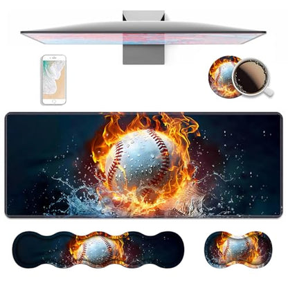 4 in 1 Ergonomic Keyboard Wrist Rest & Mouse Pad Wrist Rest Set, Large XXL Gaming Desk Mat 31.5"x 11.8" with Non-Slip Base, Memory Foam for Home Office Study Gaming, Burning Baseball Fire and Water - color: Burning Baseball Fire and Water