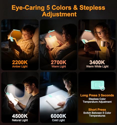Gritin 2026 Gen 2 Book Light for Reading- 32 Eye Caring Full Spectrum LED | 5 Colors & 5 Brightness, Adjustable Wide/Narrow Beam, Upgrade 1500mAh Long-Lasting Rechargeable Clip on Light-Blue - color: Blue