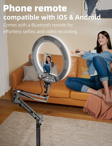 Ring Light Overhead Phone Mount,14'' LED Ring Light with Stand and Phone Holder,CRI Max 96 Professional for Video Recording,Live Streaming,Cooking and Content Creation(66.9High)