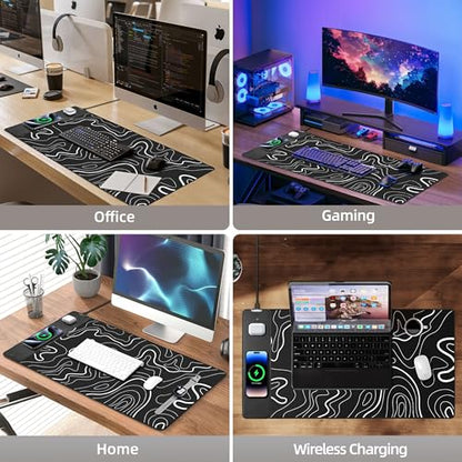 Mouse Pad with Wireless Charging, Gaming Mouse Pad with Ultra-Smooth Surface, Large XXL Desk Mat, Non-Slip Mouse Mat, Waterproof Computer Keyboard Pad for Gaming, Desk, Office, PC, 800x400x4MM, Black - color: Black and Topographic Line - 31.5"x15.7"