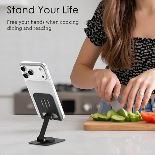 Metal Cell Phone Stand for Desk, Multi-Angel Adjustable 360° Rotation Non-Slip and Foldable Mobile Phone Stand, Compatible with iPhone 17 16 Pro Max and All Smartphones, Black - color: Black