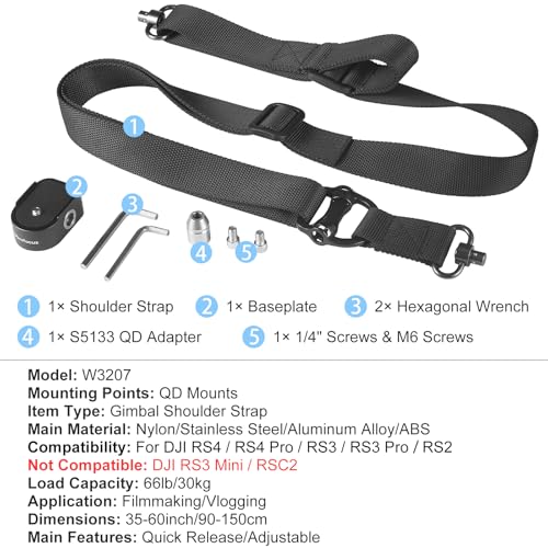 Weight Reducing Adjustable Shoulder Strap, RS4 RS3 Gimbal Shoulder Strap, Gimbal Belt with Baseplate Quick Release QD Buckles, Compatible with Sling Handle for DJI RS 4/RS 4 Pro/RS 3/RS 3 Pro/RS 2 - color: W3207.