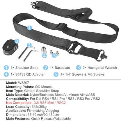 Weight Reducing Adjustable Shoulder Strap, RS4 RS3 Gimbal Shoulder Strap, Gimbal Belt with Baseplate Quick Release QD Buckles, Compatible with Sling Handle for DJI RS 4/RS 4 Pro/RS 3/RS 3 Pro/RS 2 - color: W3207.