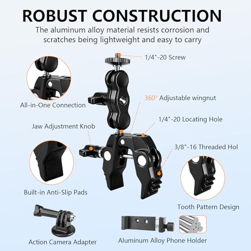 Chelhead Super Clamp Camera Mount with Phone Holder for Up to 3" Tubes | Dual 1/4"-20 & 3/8"-16 Threads, Compatible with DSLR Cameras, Action Cameras, LED Lights, Gimbals & Tripods - style: For Camera & Phone