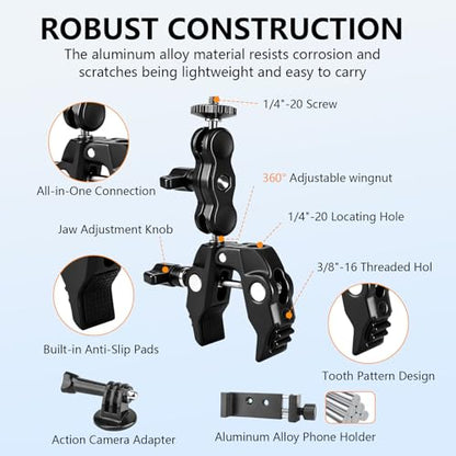 Chelhead Super Clamp Camera Mount with Phone Holder for Up to 3" Tubes | Dual 1/4"-20 & 3/8"-16 Threads, Compatible with DSLR Cameras, Action Cameras, LED Lights, Gimbals & Tripods - style: For Camera & Phone