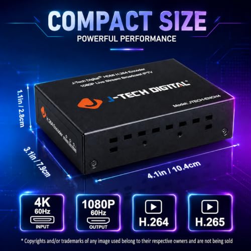 J-Tech Digital HDMI Encoder, 4K 60Hz Input 1080P 60Hz Output H.264 H.265 IPTV Network Video Encoder, Supports UDP, HTTP, RTSP, RTMP, RTMPS, SRT, HLS, FLV, ONVIF Protocols [JTECH-ENCH4] - size: 4K Input Encoder