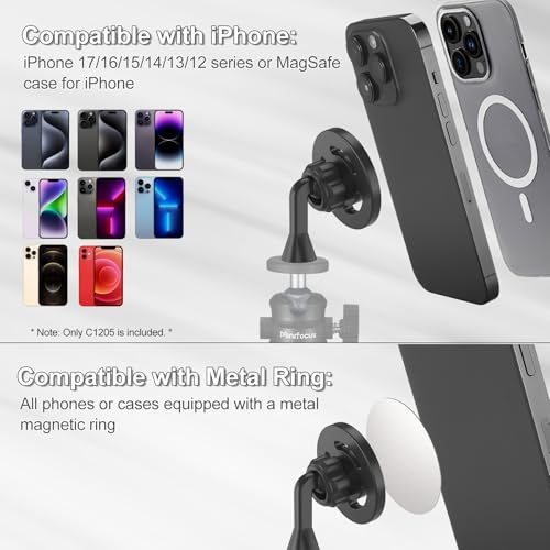 Magnetic Phone Tripod Mount Adapter with 1/4"-20 Screw Hole, Compatible with Magsafe for iPhone 17/16/15/14/13 Plus Pro Max Mini Series, Adjustable Phone Holder for Tripod, Ring Light, Selfie Sticks