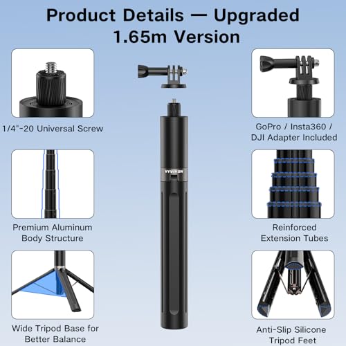 Invisible Selfie Stick Tripod 146cm, 2 in 1 Extension Monopod Pole for Insta360 X5 X4ONE X2,1/4" Action Camera Selfie Stick Handle Grip with Adapter for GoPro, DJI Osmo Action 5 Pro/4 - size: 146CM