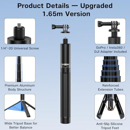 Invisible Selfie Stick Tripod 165cm, 2 in 1 Extension Monopod Pole for Insta360 X5 X4ONE X2,1/4" Action Camera Selfie Stick Handle Grip with Adapter for GoPro, DJI Osmo Action 5 Pro/4 - size: 165CM