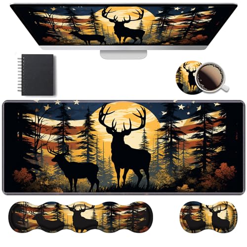 Ergonomic Keyboard Wrist Rest & Mouse Pad Wrist Rest Set, Large XXL Gaming Desk Mat 31.5"x 11.8" with Memory Foam, Easy Typing Pain Relief for Office & Home, American Flag Jungle Deer - color: American Flag Jungle Deer