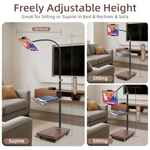 wishacc Adjustable Floor Tablet Stand with Rolling Base, Flexible Gooseneck Mount, Wood Platform, Mobile Device Holder for Indoor Use - size: 15.4 x 11 x 11 inches