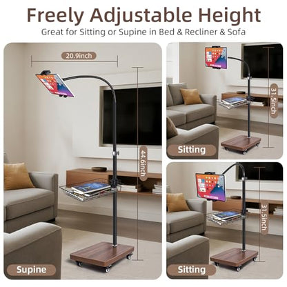 wishacc Adjustable Floor Tablet Stand with Rolling Base, Flexible Gooseneck Mount, Wood Platform, Mobile Device Holder for Indoor Use - size: 15.4 x 11 x 11 inches