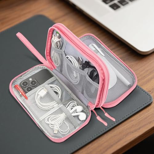 Travel Electronics Organizer, Waterproof Cable Organizer Bag for Electronic Accessories Double Layer Large Shockproof Cable Storage Bag(Pink) - color: Pink