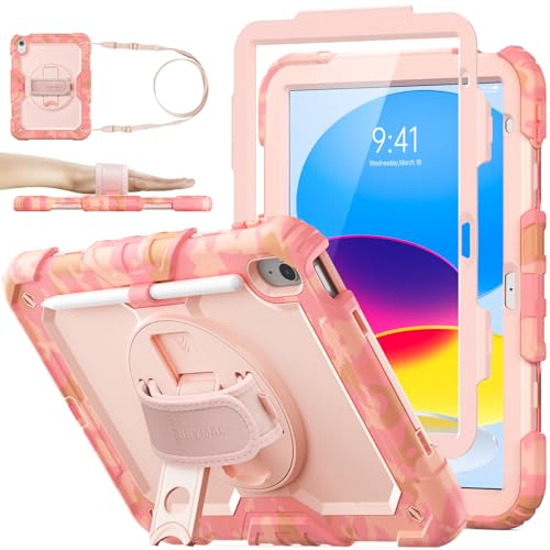 SEYMAC stock Case for iPad (A16) 11th/10th Generation 11''/10.9'' 2025/2022, Full-Body Drop Protection Case with Screen Protector &360° Rotate Hand Strap/Stand, Camo Pink - color: Camo Pink, size: Case for iPad (A16) 11th/10th Generation 11/10.9''