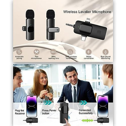 Wireless Lavalier Microphone Set, Omnidirectional High Sensitivity Pickup, Rechargeable Lithium Battery Design, One-Click Connection, Intelligent Noise Reduction, Ideal for Indoor Use