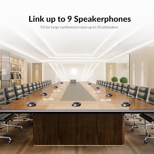 Conference Speakerphone, Daisy Chain up to 9 Speakerphones for 50 People, USB & Bluetooth Speaker with 4 Mics AI Noise Cancellation 360° Voice Pickup for Zoom,Teams,Conference Call Large Meeting Room