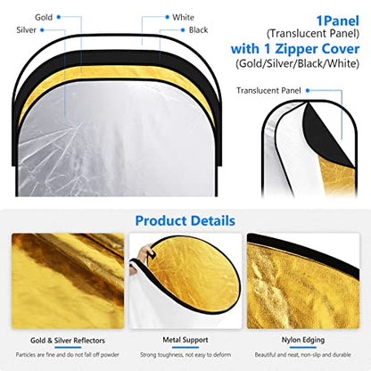 NEEWER 40"x60"/100x150cm Light Reflectors for Photography, Portable 5 in 1 Collapsible Multi Disc with Bag - Translucent, Silver, Gold, Black, White Diffuser for Studio and Outdoor Lighting - size: 40" x 60"