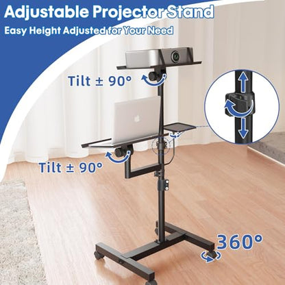 Projector Stand, 2 Shelves Mobile Laptop Cart with Adjustable 47" Height | top tray tilts 30°,4 quiet casters with 2 locks,sturdy H-beam steel frame,mouse tray included,for home,outdoor