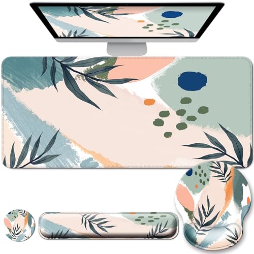 Desk Mat Set + Keyboard and Mouse Pad with Wrist Rest Support,4-in-1 Large Mousepad Computer Mats for Desktop Home & Office-Leaves 2 - color: O-Leaves 2