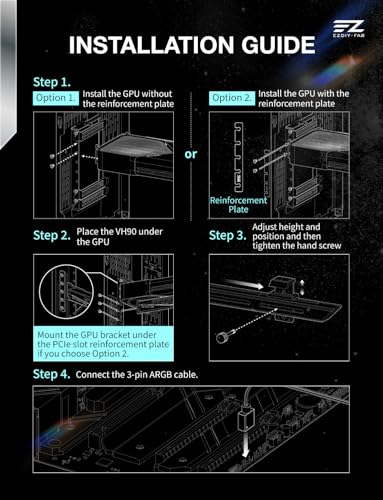EZDIY-FAB VH90 ARGB GPU Bracket, Adjustable Anti-Sag Graphics Card Holder with Precision Rail & Lift System, Reinforced Design, 5V 3-Pin Motherboard Sync, Black - color: Black