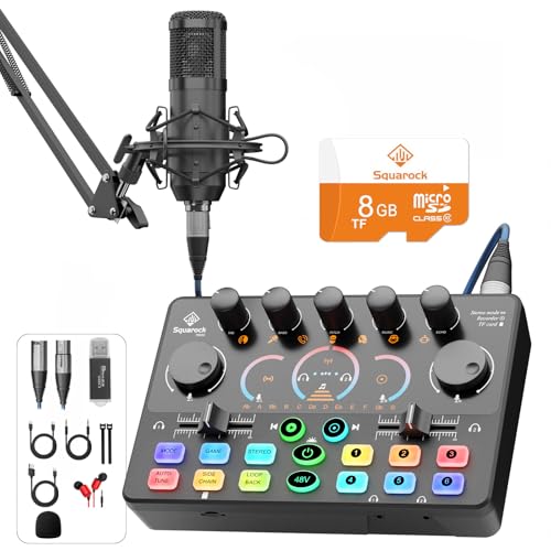 Podcast Equipment Bundle, +8GB Memory Card, Audio Interface Mixer with 48V Condenser Microphone, Built-in Recorder, Stereo, Voice Change for Podcast Recording, Streaming, Cam/PC/Phone/Tiktok (RS2i2) - color: One condenser mic bundle