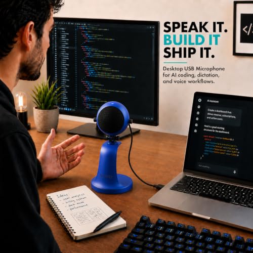 Movo WebMic USB Microphone with Desktop Stand, Royal Blue, Cardioid Condenser, for PC and Mac, with Mic Gain and Headphone Monitoring | Cardioid Pickup Rejects Background Noise For Accurate Dictation. Gain Knob, Headphone Out, Mute. Desktop Stand, No Driv
