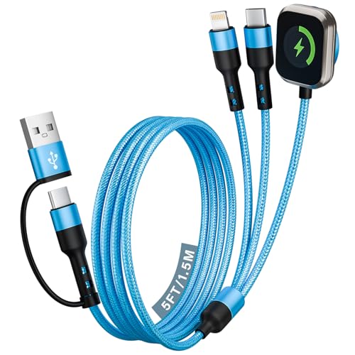 Cruise Travel Essentials 2026, 3 in 2 USB A/C Cable to iPhone 17 Charger/iWatch Charger/IP, Braided Multi Charging Cable Cord, Multi Charger Cable for iWatch Series & iPhone17-11/iPad [Blue, 5FT] - color: Blue, size: 1Pack5FT