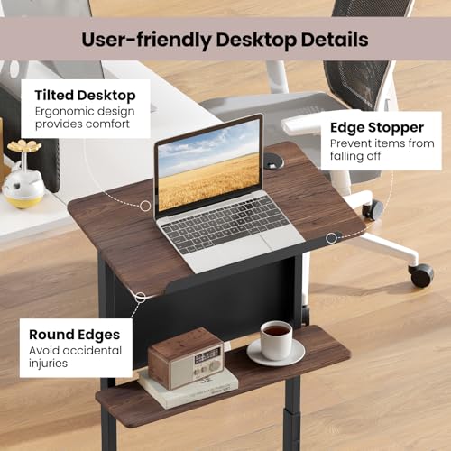 Giantex Mobile Podium Stand, Adjustable Rolling Laptop Desk with 4 Wheels & Tilting Desktop, Sit-to-Stand Lectern Podium Standing Desk w/Storage Shelf & Cable Hole for Classroom Church Home Office (1)