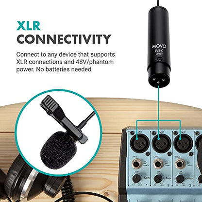 Movo LV4-C Cardioid XLR Lavalier Microphone Phantom Power with Metal Lapel Clip and Windscreen Accessories - Great External Lav Mic for Music, Podcast, Live Stream, Filming or YouTube Recording