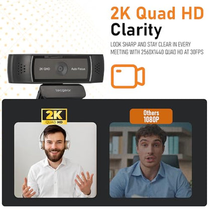 Sentinel 2K Webcam for PC with Microphone, Touch Control, Autofocus, Privacy Shutter & 360° Adjustable | Camera for Computer, Laptop & Mac | USB Video Streaming for Zoom/Skype/Google Meet/Team