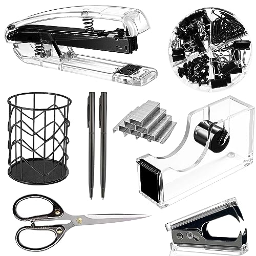 Office Desk Accessories，Office Supplies Set Acrylic Stapler Set Staple Remover, Tape Holder, Pen Holder, 2 Ballpoint Pen, Scissor, Binder Clips, Paper Clips and 1000pcs Staples(Black) - color: Black