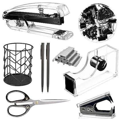 Office Desk Accessories，Office Supplies Set Acrylic Stapler Set Staple Remover, Tape Holder, Pen Holder, 2 Ballpoint Pen, Scissor, Binder Clips, Paper Clips and 1000pcs Staples(Black) - color: Black