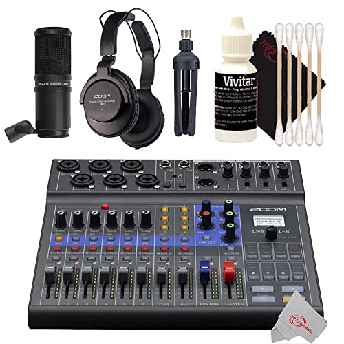 Zoom LiveTrak L-8 Portable Podcast 8-Track Digital Mixer And Multitrack Recorder + Zoom ZDM-1 Podcast Mic Pack Accessory Bundle With Microphone + Accessory Kit