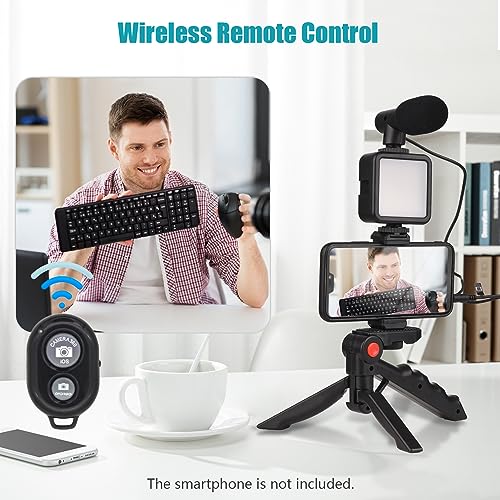 Andoer Smartphone Vlog Kit Mini LED Video Light + Cardioid Microphone + Extendable Phone Clip + Tripod with Adjustable Brightness for Live Stream Vlog Video Shooting Video Conference Selfie