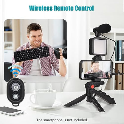 Andoer Smartphone Vlog Kit Mini LED Video Light + Cardioid Microphone + Extendable Phone Clip + Tripod with Adjustable Brightness for Live Stream Vlog Video Shooting Video Conference Selfie