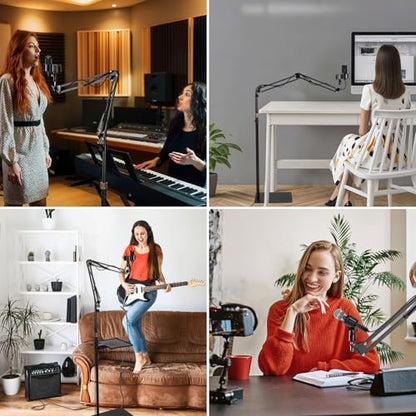 BILIONE Microphone Stand Floor with Tray & Boom Arm, 5.5lbs Weighted Base, Height Adjustable Studio/Podcast Mic Stand w/ 3/8'' to 5/8'' Adapter & 2 Mic Clips Compatible with Blue Yeti QuadCast AT2020