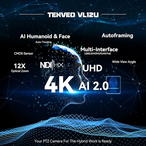 Tenveo 4K NDI PTZ Camera, AI Humanoid & Face Auto-Tracking, 12X Optical Zoom Wide Angle, USB3.0/HDMI/LAN PoE IP Live Streaming for Church Video Conference Broadcast YouTube OBS - color: Classic Silver