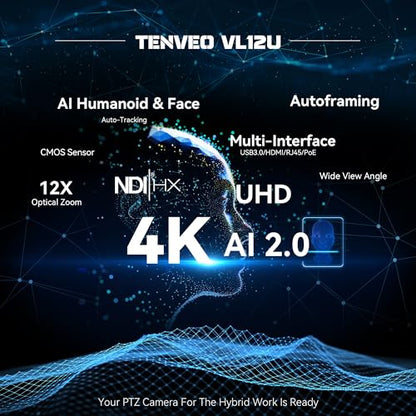 Tenveo 4K NDI PTZ Camera, AI Humanoid & Face Auto-Tracking, 12X Optical Zoom Wide Angle, USB3.0/HDMI/LAN PoE IP Live Streaming for Church Video Conference Broadcast YouTube OBS - color: Classic Silver