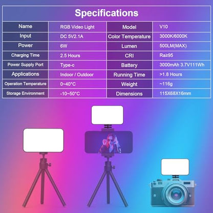 LUXCEO RGB Video Light, Portable LED Camera Light Panel, Dimmable 3000K-6000K CRI95+ Color Photo Light with 3000mAh Rechargeable Battery, for Photography Lighting, Vlogging, Video Conference