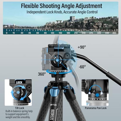 SIRUI AM-124 Carbon Fiber Tripod with AM-5VX Fluid Head, 65.6“ Compact Video Camera Tripod for Travel, Triangular Center Column, Side Loading QR Plate, Waterproof Twist Lock, Loads 6.6lbs - size: 65.6 inches
