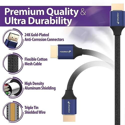 Fosmon HDMI 2.0 Cable 4K@60Hz 1ft, Premium Certified in-Wall CL3 Rated, 18Gbps Super High Speed, HDR, HDCP 2.2/1.4, 3D, ARC,30AWG, Cotton Braided Compatible with UHD TV Monitor, PS4/PS5, Xbox, Switch - size: 1FT, style: Premium 4K