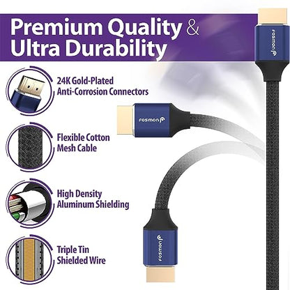 Fosmon HDMI 2.0 Cable 4K@60Hz 15ft, Premium Certified in-Wall CL3 Rated, 18Gbps Super High Speed, HDR, HDCP 2.2/1.4, 3D, ARC, 30AWG Cotton Braided Compatible with UHD TV, Monitor, Console - size: 15FT, style: Premium 4K