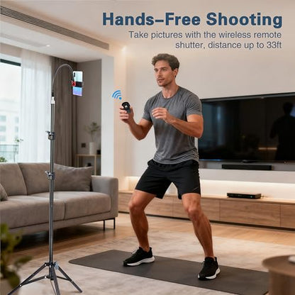 Phone Tripod Stand, UEGOGO 86" Tall Tripod with Flexible Gooseneck & Bluetooth Remote, Adjustable Phone Holder for Video Recording, Selfies, Live Streaming, Compatible with iPhone & Android