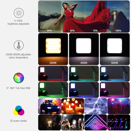 RGB LED Video Light with 360-Degree Color Adjustment & 3 Cold Shoe Mounts, 1200mAh Rechargeable Portable Photography Light for Streaming Studio Content Creation