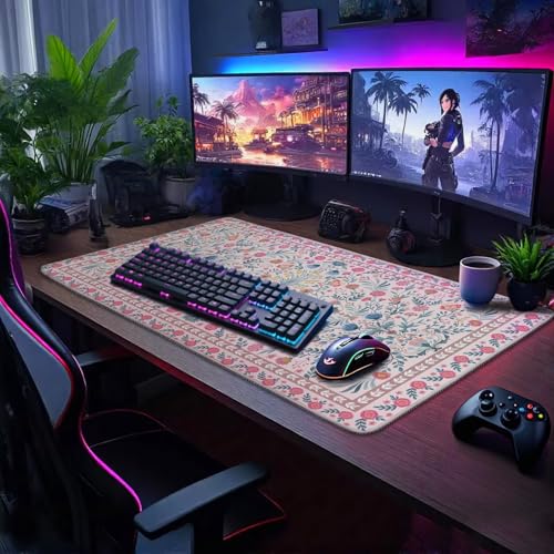 Pink Floral Desk Mat 31.5"x15.7" | Extra Large Mouse Pad, Non-Slip Rubber Base, Waterproof Desk Blotter, Stitched Edges, Smooth Computer Mat Office - color: Pink Floral