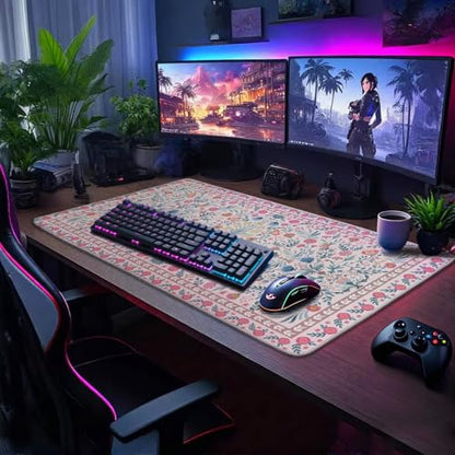 Pink Floral Desk Mat 31.5"x15.7" | Extra Large Mouse Pad, Non-Slip Rubber Base, Waterproof Desk Blotter, Stitched Edges, Smooth Computer Mat Office - color: Pink Floral