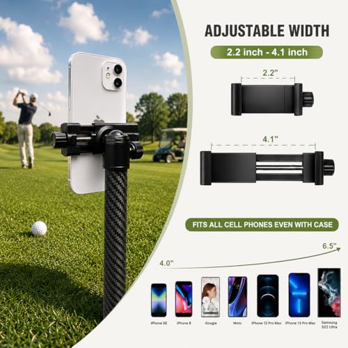 Carbon Fiber Monopod Golf Swing Recorder - Ultra Lightweight with MagSafe Magnetic Holder - Adjustable 32-55" Height - Ground Spike - Training Aid for iPhone Android