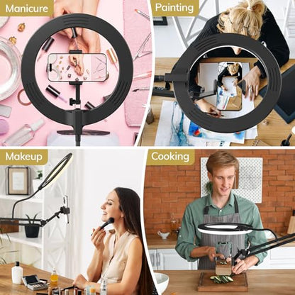 TONOR Overhead Ring Light Kit, 10" Ringlight with Heayy Duty Boom Arm and Phone Holder, Adjustable Angle, Suitable for Video Recording, Live Stream, Drawing, Makeup Nail
