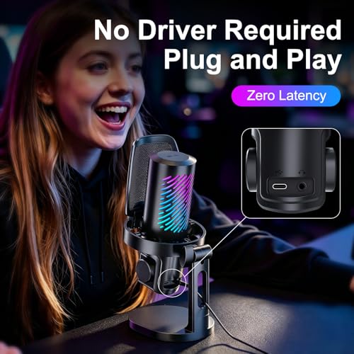 tenlamp RGB USB Gaming Microphone for PC, Streaming & Podcast, Cardioid Condenser Mic with Noise Reduction, Touch Mute, Headphone Monitoring, Gain Control, Plug & Play for Mac Phone