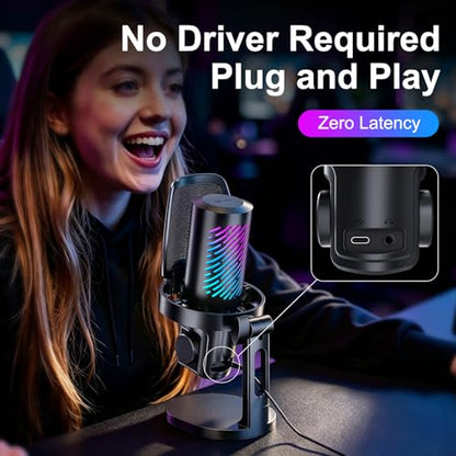 tenlamp RGB USB Gaming Microphone for PC, Streaming & Podcast, Cardioid Condenser Mic with Noise Reduction, Touch Mute, Headphone Monitoring, Gain Control, Plug & Play for Mac Phone